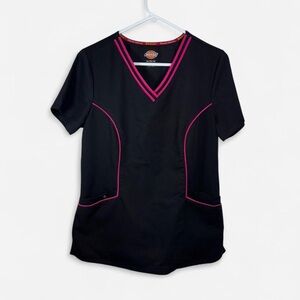 Dickies Xtreme Stretch Scrub Top Black Pink Trim Women’s Medium Nursing Uniform
